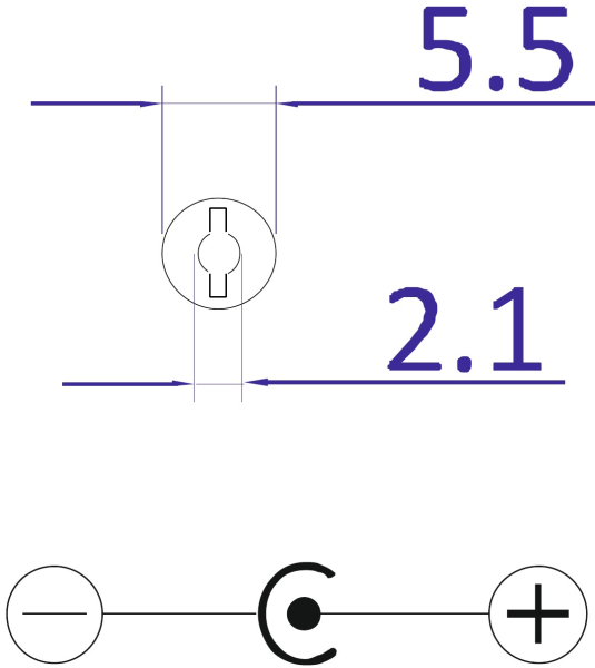 DC Connector 5,5 / 2,1, positiv inside, drawing