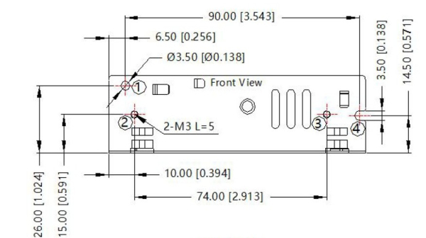 MRS-50-05-H-C strømforsyning 5V, 10A, 50W, drawing, side view