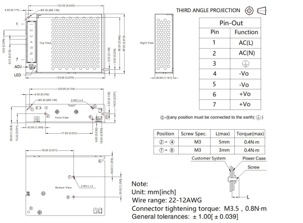 MRS-100-05-H-C strømforsyning 5V, 18A, 90W, drawing