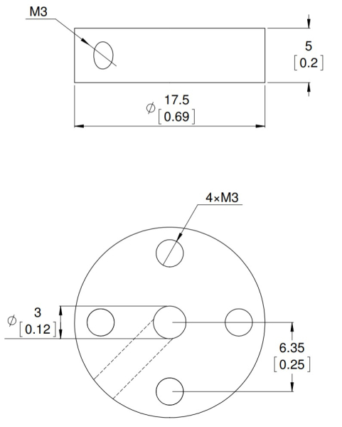 Aluminum Mounting Hub for 3mm Shaft, M3 Holes, Drawing