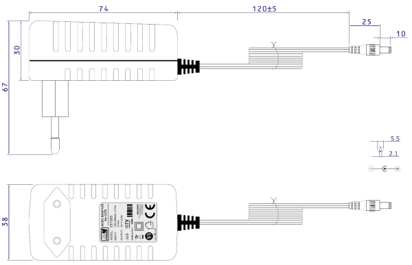 Strømforsyning Adapter 5V 2A EB1005, drawing