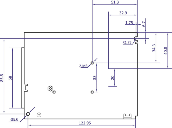 Stømforsyning Indbygning 24V 4,5A POS-100-24-C, bottom view drawing