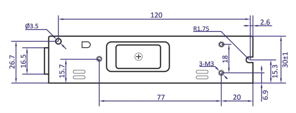 Stømforsyning Indbygning 24V 4,5A POS-100-24-C, side view drawing