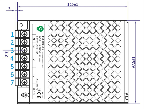 Stømforsyning Indbygning 24V 4,5A POS-100-24-C, top view drawing