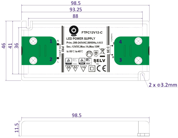 12 VDC LED Strømforsyning 12W, 1A. FTPC12V12-C drawing and size