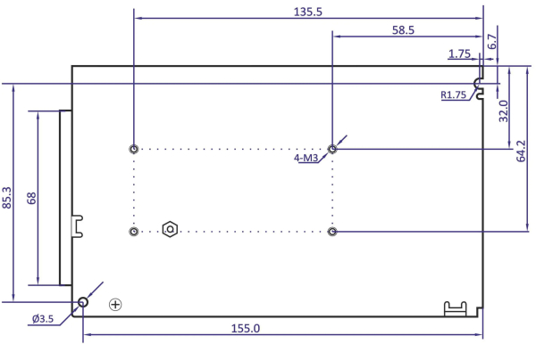 POS-150-12-C, Stømforsyning Indbygning 12V 12,5A, bottom view drawing