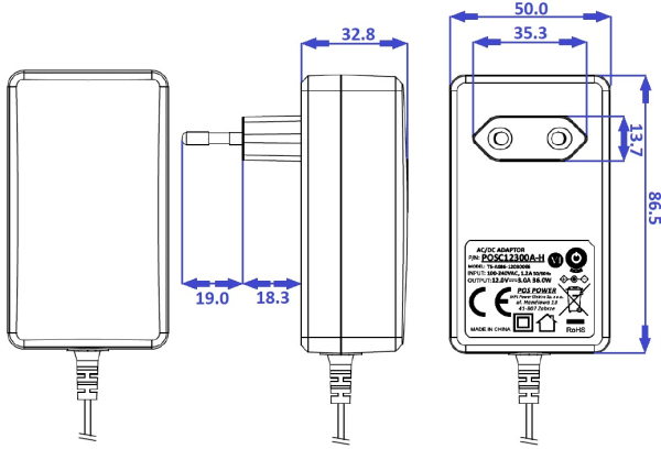 12V, 3A/36W Strømforsyning, POSC12300A-H, drawings