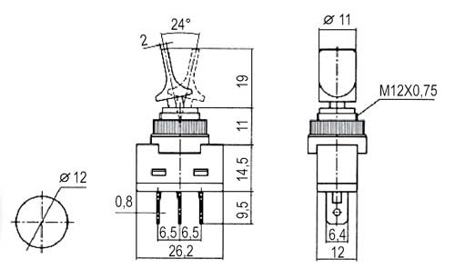 Toggle switch   2pol./3pin  ON-OFF 12VDC - transparent red