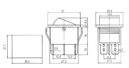 Rocker switch   3pol./6pin  ON-OFF-ON 250V/15A - transparent red