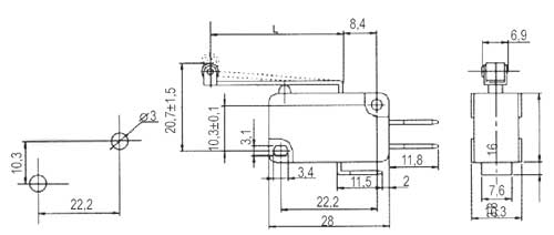 Micro switch ON-(ON) 10A (with lever) L=25