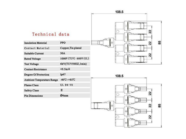 Connector for solar panels MC4 split 1x connector, 4x socket