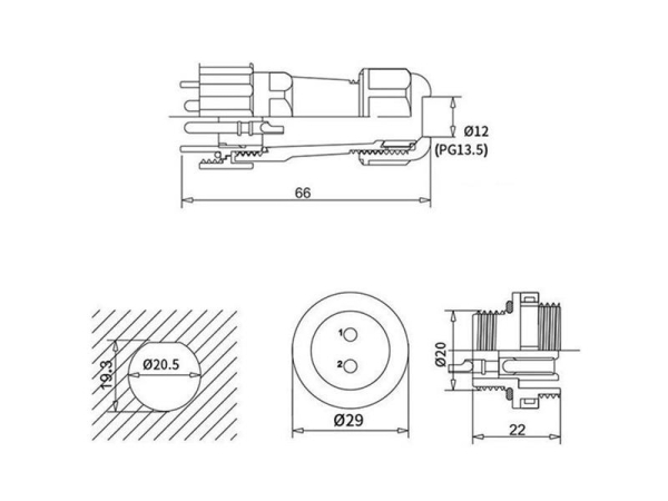 Connector and socket SP/SD20-3P waterproof for cable and panel