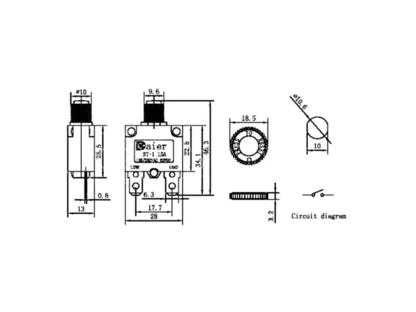 Overcurrent Thermal Circuit Breaker ST-1 250VAC/20A or 32VDC/20A