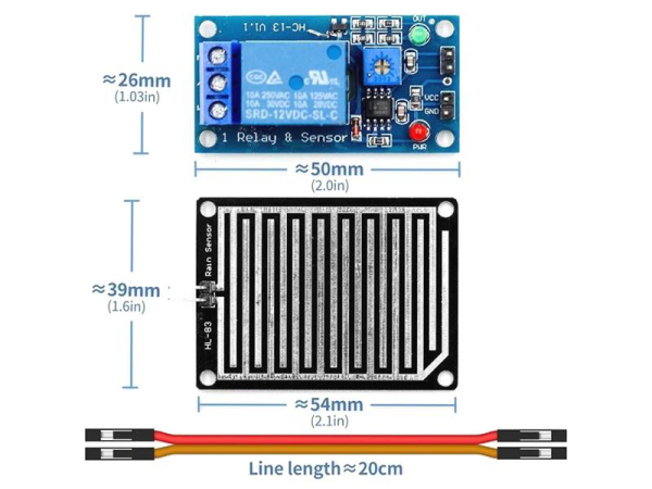 Rain sensor including probe, module with relay, 12V power supply