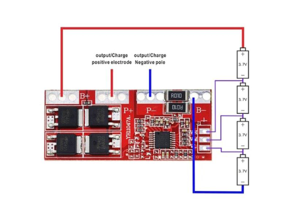 Protective circuit and balancer for 4 Li-Ion cells 18650, current up to 30A