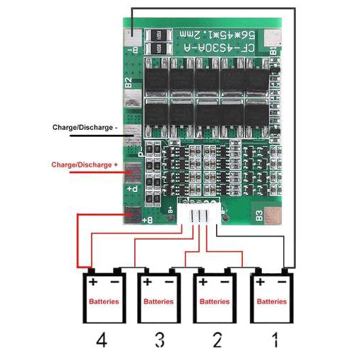 Protective circuit and balancer for 4 Li-Ion cells 18650, current up to 30A
