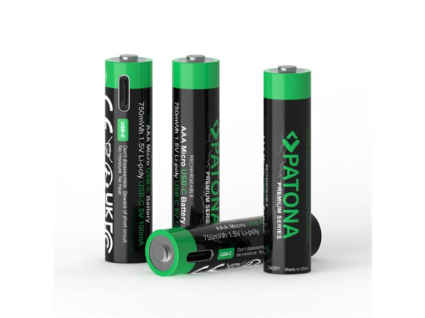 Genopladeligt AAA/LR03 Li-Pol batteri 500mAh 1.5V 4stk med USB-C opladning PATONA PT1409