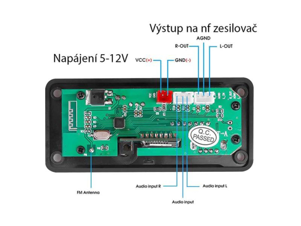 Bluetooth 5.0 MP3-afspiller med FM-radio, fjernbetjening og strømforsyning 5-14V TIPA