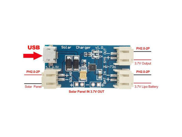 Solcelleoplader til Li-Pol celle 3.7V med beskyttelse, TIPA HW-736, USB-kompatibel