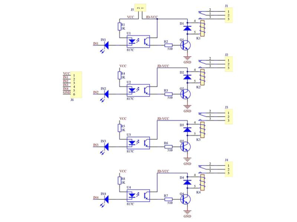 Relay module 4x, power supply 5V, with optocoupler