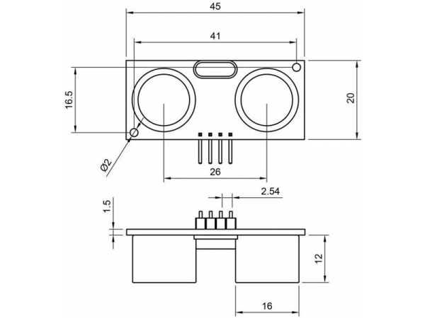 Ultralyds afstandsmåler HC-SR04 TIPA, nøjagtighed 3 mm, måleområde 2-450 cm, 5 V DC