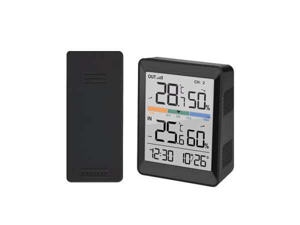 Termometer TE45 SOLIGHT med indendørs og udendørs temperaturmåling -9.9°C til +70°C, fugtighedsmåling 20% til 95%, trådløs sensor, sort