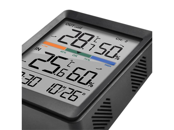Termometer TE45 SOLIGHT med indendørs og udendørs temperaturmåling -9.9°C til +70°C, fugtighedsmåling 20% til 95%, trådløs sensor, sort