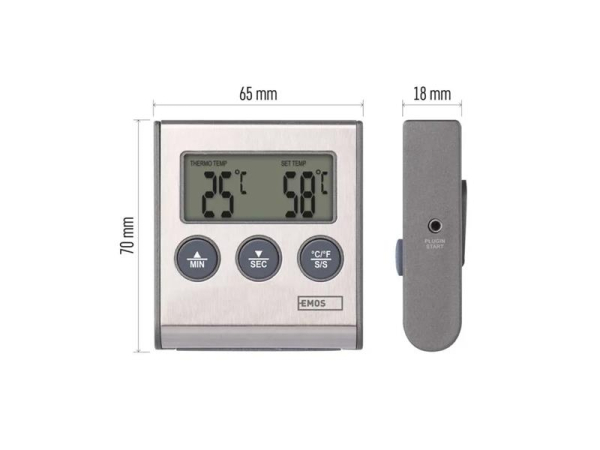 Nåletermometer EMOS E2157 med digital minutur og temperaturalarm, måler fra -20 °C til +250 °C, 1,25 m probe