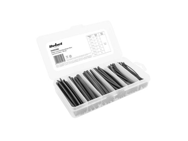 Sort varmekrympeslange REBEL NAR0386 sæt med 170 stk, 6 diametre, 10 cm