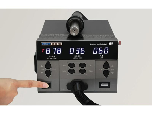 Loddestation SUGON 8630pro med varmluft, 1300 W, digital skærm og programmerbare hukommelseskanaler