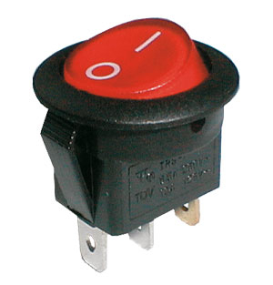 Rocker switch ON-OFF 2pol./3pin 250V/6A afrundet - transparent rød TIPA