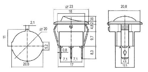Rocker switch ON-OFF-ON 3pol./3pin 250V/6A afrundet sort TIPA