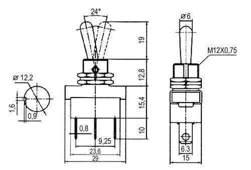 Afbryderkontakt ON-ON 2-pol./3-pin 12V TIPA