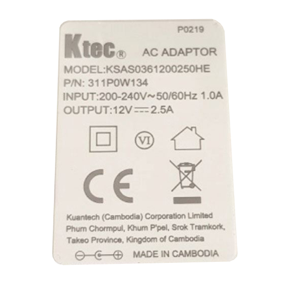 12V 2500mA Strømforsyning Ktec KSAS0361200250HE 5.5x2.5mm