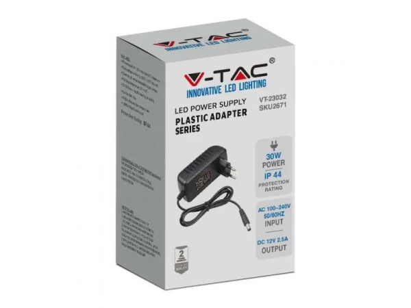 12V 2500mA strømforsyning V-TAC VT-23032 til LED, plast, 2.5A, 30W, kortslutningsbeskyttelse, overbelastningsbeskyttelse, stabil udgangsspænding