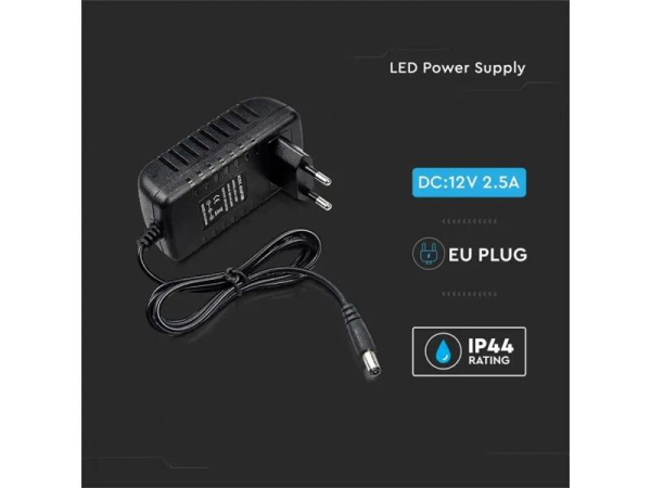 12V 2500mA strømforsyning V-TAC VT-23032 til LED, plast, 2.5A, 30W, kortslutningsbeskyttelse, overbelastningsbeskyttelse, stabil udgangsspænding