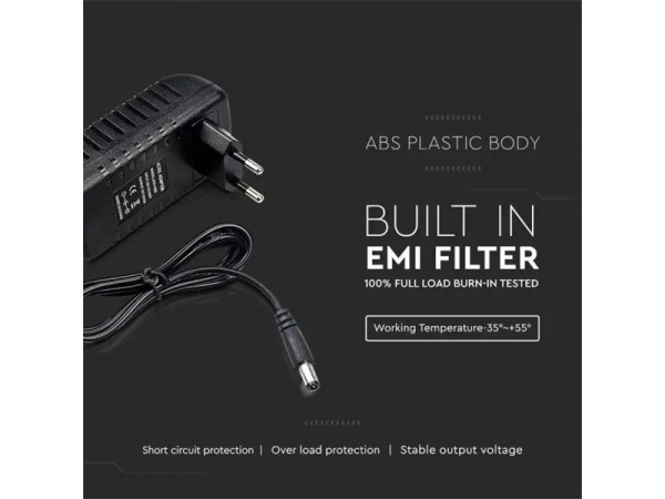 12V 2500mA strømforsyning V-TAC VT-23032 til LED, plast, 2.5A, 30W, kortslutningsbeskyttelse, overbelastningsbeskyttelse, stabil udgangsspænding
