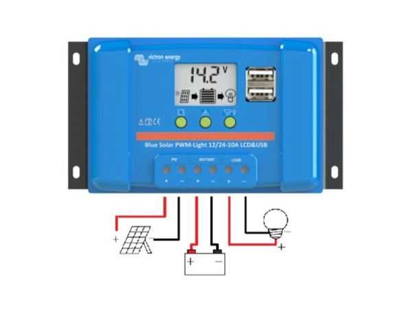 PWM solcellekontroller Victron Energy 5A LCD og USB 12V / 24V