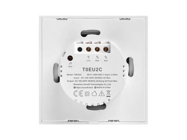 Smart WiFi lyskontakt SONOFF T0EU2C-TX, touch, 2 kanaler, 90~250V AC