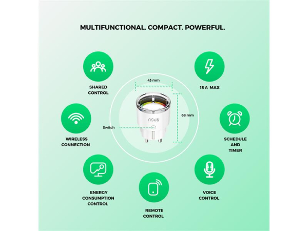 Smart WiFi-stik NOUS A1/2pakke Tuya, Kompatibel med Alexa og Google Home, Energi Overvågning, 3450W, 220-240V