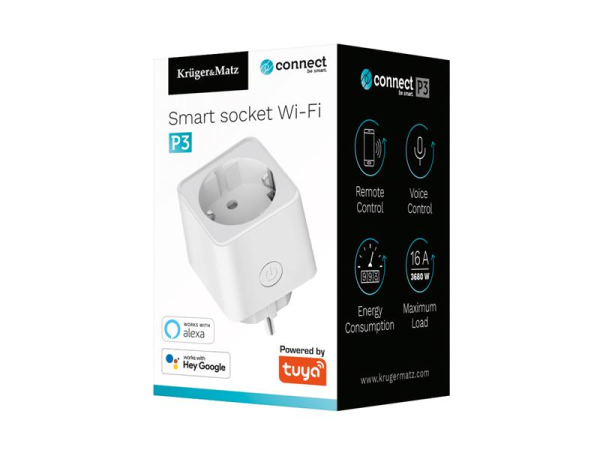 Smart WiFi-stik KRUGERMATZ Connect P3 med Tuya, stemmestyring og energimåler