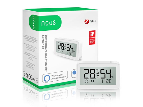 Smart termometer med fugtmåling E6 ZigBee Tuya fra NOUS - LCD-skærm, batteridrevet
