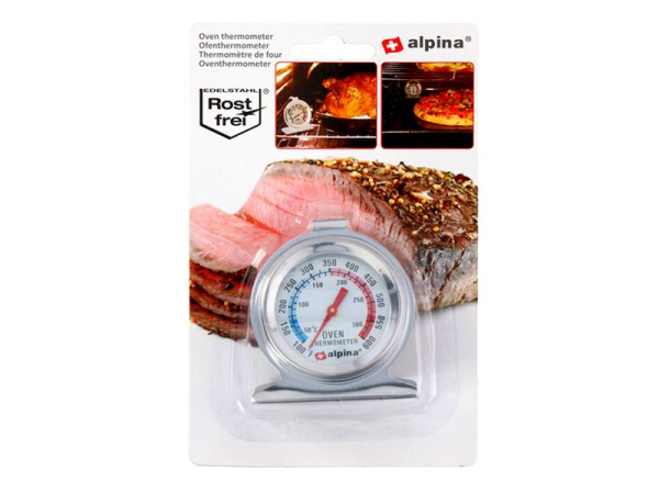 Ovn Termometer ALPINA 5138 - Rustfrit Stål og Glas, Måler Temperatur fra 50C til 300C, Kan Hænges eller Stå i Ovnen, 6x4x7 cm