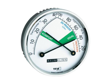 Termometer og hygrometer TFA Dostmann 45.2024, analogt, krombelagt, med farvekodede felter, vægmontering, måleområde 0-40 °C / 19-100%