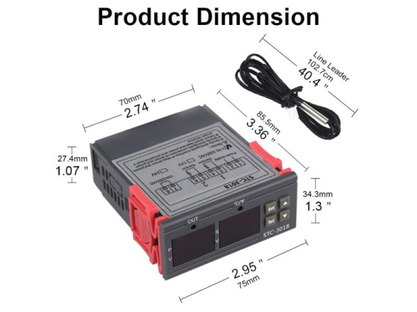 Digital termostat STC-3018 HADEX, temperaturområde -55°C~120°C, 230VAC, dobbelt display