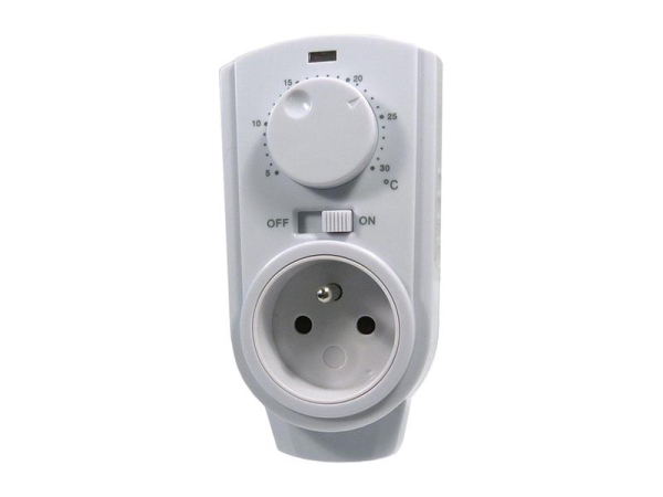 Termostat skuffe HADEX TH-926T analog rumtermostat kontinuerligt justerbar temperatur 5-30°C potentiometer ON-OFF switch enkel betjening mulighed for indstilling af invers tilstand for køling standby forbrug 5 W resistiv belastning maks 3500 W induktiv 