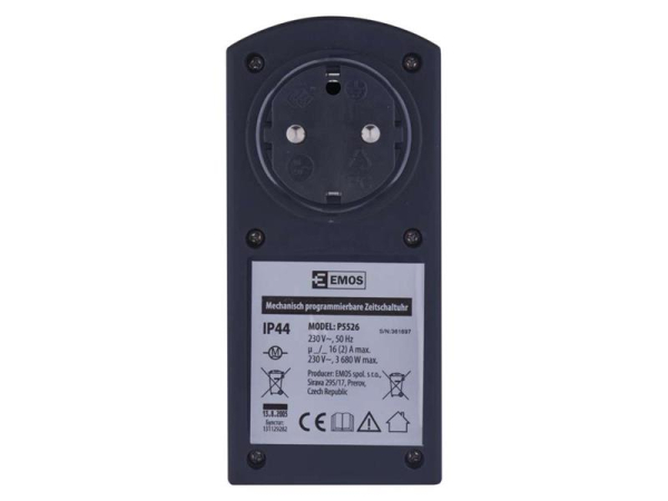 Mekanisk døgnkontakt EMOS P5508, 230V/16A, IP44, udendørs brug