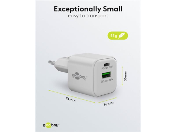 Hurtigoplader USB-C og USB-A GOOBAY 65865, 20W, Hvid