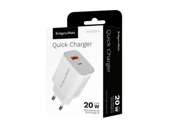 USB Adapter KRUGERMATZ KM0854 Hurtigoplader 20W med Power Delivery 2.0 og Quick Charge 3.0