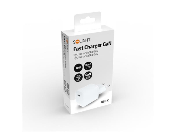 USB-C Adapter SOLIGHT DC76 20W PD GaN Hurtigoplader, indgang: AC 110-240V, 0,5A, 50-60Hz, udgang: USB-C 5V3A, 9V2.22A, 12V1.67A, hvid